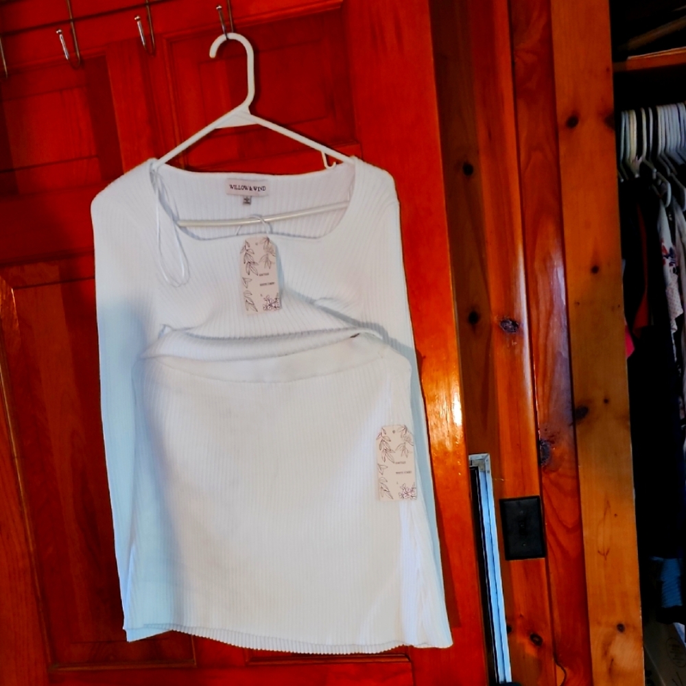 White Ribbed Top and Skirt Set